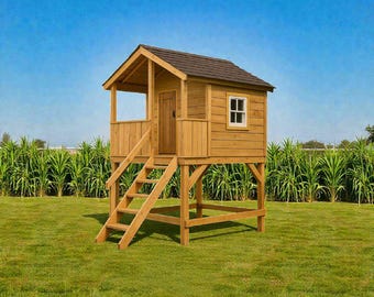 DIY Kids Playhouse Plans | Wooden Children House with Stairs | Backyard Playhouse Woodworking PDF | Measurements + Cut List