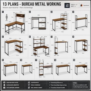 Puede incluir: Un diagrama técnico titulado 13 PLANS - BUREAU METAL WORKING que muestra trece configuraciones diferentes de escritorios con marcos de metal negro y superficies de madera marrón, incluyendo varias dimensiones en centímetros para cada diseño.