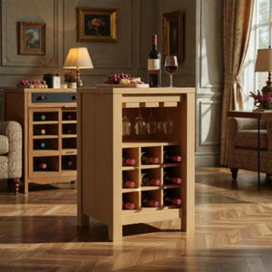 May include: A light oak wine cabinet with a built-in wine glass rack and storage for wine bottles. The cabinet has a rectangular shape and is placed in a room with a wooden floor and a vintage style.