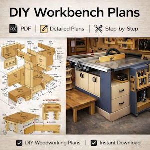 Peut inclure: Plans de bricolage pour un établi avec des instructions détaillées étape par étape. L'image montre un établi avec une scie à table, des tiroirs et du rangement. Les plans sont disponibles en format PDF et comprennent des plans de menuiserie.