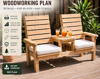 Large Double Wooden Chair Plans PDF – Outdoor Patio Bench with Center Table -Easy DIY Furniture Build