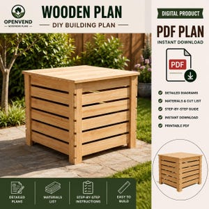 May include: A digital PDF building plan for a square wooden planter box with horizontal slats. The document includes detailed diagrams, a materials and cut list, and step-by-step instructions for assembly. The text reads WOODEN PLAN DIY BUILDING PLAN.