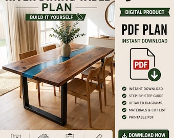 Live Edge Epoxy River Dining Table Plans PDF – Walnut Wood & Blue Resin | Instant Download DIY Woodworking
