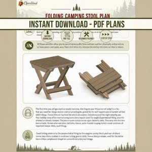 May include: A digital document titled FOLDING CAMPING STOOL PLAN featuring an illustration of a wooden stool in both an upright and folded position. The page includes icons for instant download, PDF file, and beginner friendly instructions.