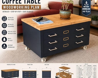 DIY Coffee Table Plan PDF | Woodworking Plan with Drawers | Rolling Coffee Table Blueprint | Wooden Furniture Plan | DIY Furniture