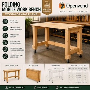 Può includere: Un piano di falegnameria digitale per un banco da lavoro mobile pieghevole. Il documento mostra un banco in legno chiaro su ruote, una vista ripiegata, un diagramma con dimensioni di 122 cm per 61 cm per 91 cm e una lista dei materiali.