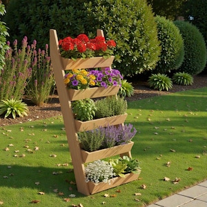 May include: A wooden, leaning plant stand with five rectangular planters. The planters are filled with colorful flowers and herbs, including red, yellow, purple flowers, and green herbs. The stand is set on a green lawn with a background of bushes and trees.