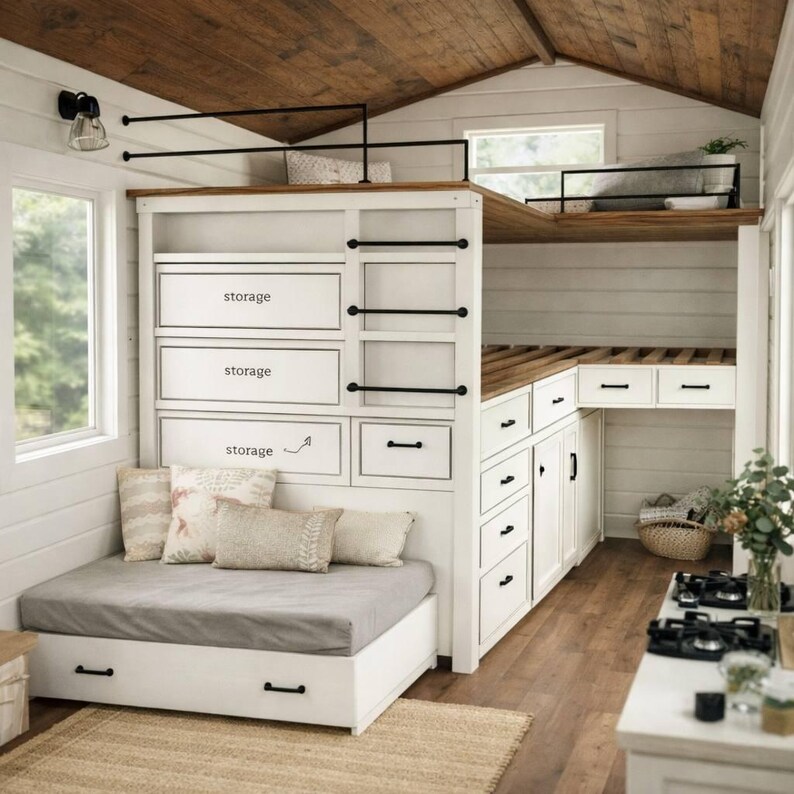 Loft Bed Tiny House Plans PDF – Space Saving Bed With Storage, DIY ...