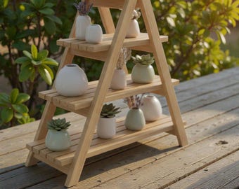 3段木製ラダープラントスタンド - 鉢植えや花用の素朴な屋外ガーデン