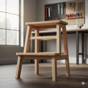 May include: A two-step wooden step stool with a natural finish. The stool has a rectangular top and a lower step, supported by angled legs. The design is simple and functional, suitable for reaching higher shelves or tasks.