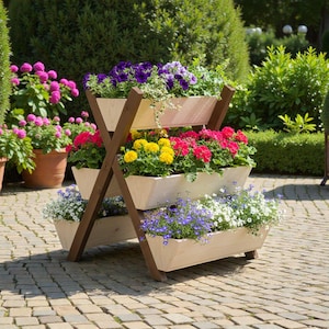 Peut inclure: Un jardinière en bois à trois niveaux remplie de fleurs vibrantes. La jardinière a un cadre en forme de X marron foncé et des bacs en bois de couleur claire. Les fleurs comprennent des fleurs violettes, rouges, jaunes, blanches et bleues.