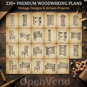 Può includere: Una collezione di piani di falegnameria vintage con vari design di mobili, tra cui sedie, panche, tavoli e orologi. L'immagine mostra una griglia di illustrazioni dettagliate con il testo "230+ Premium Woodworking Plans" e "Vintage Designs & Artisan Projects".
