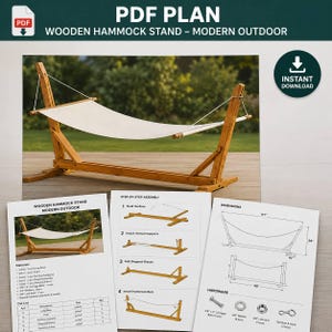 May include: A PDF plan for a wooden hammock stand featuring a light-colored fabric hammock suspended between two angled wooden supports. The document includes step-by-step assembly instructions, a materials list, and diagrams with dimensions in inches.