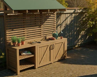 May include: A wooden potting bench with a green roof, slatted back, and storage cabinet. Small potted plants, gardening tools, and a watering can are arranged on the surface. The bench has a lower shelf for storage and is set on a brick patio.