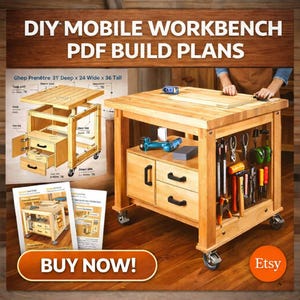 May include: A wooden mobile workbench with drawers, shelves, and casters. The workbench has a light wood finish and is equipped with tools. The image includes the text "DIY MOBILE WORKBENCH PDF BUILD PLANS" and "BUY NOW!"