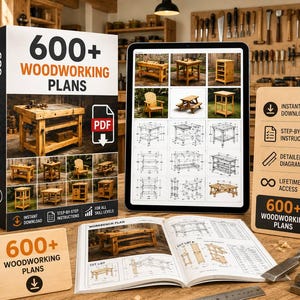 May include: A collection of 600+ woodworking plans featuring a digital tablet displaying project diagrams, a printed manual with cut lists, and informational signage. The materials include PDF download icons, step-by-step instructions, and diagrams.