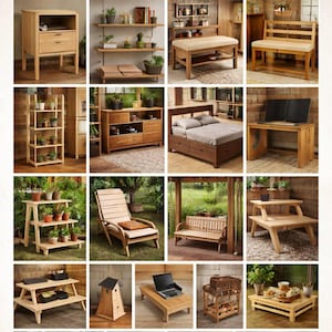 May include: A collage showcasing 20 DIY woodworking projects. The image features various wooden furniture pieces, including shelves, tables, a bed, a desk, and outdoor seating. The projects are displayed in a natural wood finish, with some items holding plants.