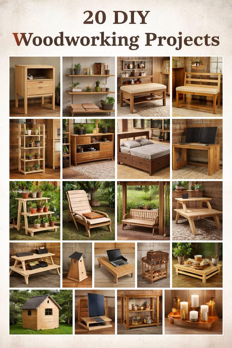 May include: A collage showcasing 20 DIY woodworking projects. The image features various wooden furniture pieces, including shelves, tables, a bed, a desk, and outdoor seating. The projects are displayed in a natural wood finish, with some items holding plants.