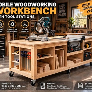 Mobile Workbench Plans, Woodworking Workbench PDF, Rolling Tool Cabinet Plans, DIY Workshop Workbench, Table Saw Workstation