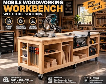 Mobile Workbench Plans, Woodworking Workbench PDF, Rolling Tool Cabinet Plans, DIY Workshop Workbench, Table Saw Workstation