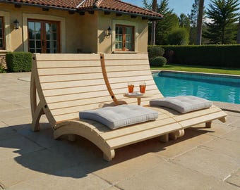 Luxury Wooden Double Sun Lounger with Table – Outdoor Poolside Chaise Lounge for Garden, Patio & Villa