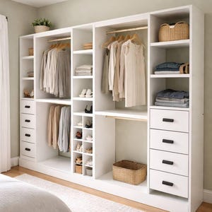 May include: A large white wardrobe unit with open shelving, hanging rails, and drawers. The wardrobe is filled with clothes, shoes, and baskets. The unit is in a bedroom with a neutral colour scheme.