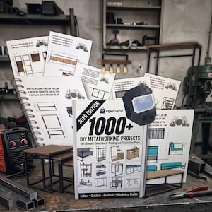 May include: A 2026 edition book titled 1000+ DIY Metalworking Projects featuring welding and fabrication plans, surrounded by various printed technical diagrams, a black welding helmet, a red welding machine, and metal tubing pieces.