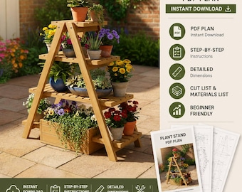Pyramid Vase Holder Plans PDF – DIY 4-Tier Wooden Ladder Plant Stand – Garden Display Shelf Woodworking Blueprint – Instant Download