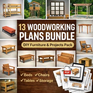 Peut inclure: Un ensemble de plans de menuiserie pour meubles et projets de bricolage. L'image présente divers meubles en bois, notamment des lits, des chaises, des tables et des solutions de rangement. Le texte sur l'image indique "13 WOODWORKING PLANS BUNDLE".