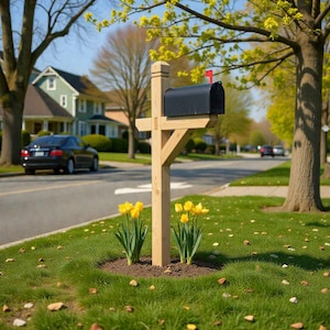 Peut inclure: Un poteau de boîte aux lettres en bois avec une boîte aux lettres en métal noir. Le poteau a un support en forme de croix et un dessus décoratif. Un drapeau rouge est levé. Des tulipes jaunes poussent au pied du poteau sur une pelouse.