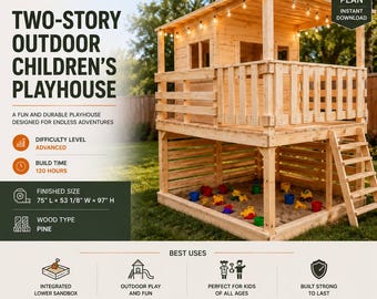 Two-Story Outdoor Children's Playhouse Plans PDF – DIY Woodworking Blueprint – Kids Backyard Playhouse with Sandbox – Instant Download