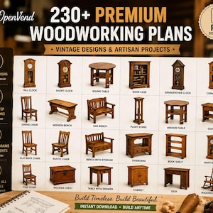 Può includere: Una collezione digitale di oltre 230 piani di falegnameria premium con design vintage e progetti artigianali. La visualizzazione mostra vari mobili tra cui orologi, tavoli, sedie, panche, armadi e scrivanie con le relative etichette di testo.