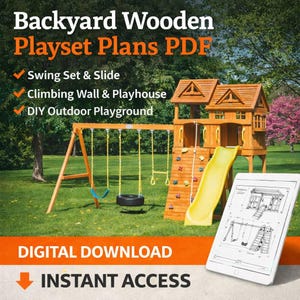 Może przedstawiać: Drewniany zestaw do zabawy z huśtawką, zjeżdżalnią, ścianką wspinaczkową i domkiem do zabawy. Obraz zawiera tekst "Backyard Wooden Playset Plans PDF", "Swing Set & Slide", "Climbing Wall & Playhouse", "DIY Outdoor Playground", "Digital Download" i "Instant Access". Tablet wyświetla plany.