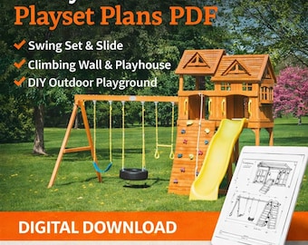 Puede incluir: Un parque infantil de madera con columpio, tobogán, rocódromo y casita. La imagen incluye el texto "Backyard Wooden Playset Plans PDF", "Swing Set & Slide", "Climbing Wall & Playhouse", "DIY Outdoor Playground", "Digital Download" y "Instant Access". Una tableta muestra los planos.