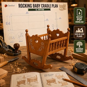 Puede incluir: Una cuna mecedora de madera con recortes de corazón y grabados florales, exhibida frente a un plano técnico titulado Rocking Baby Cradle Plan. La cuna presenta cuatro postes esquineros con remates esféricos y laterales de barrotes.