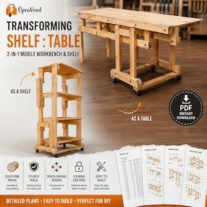 May include: A transforming shelf and table unit made of light-coloured solid pine wood. The design features a mobile workbench that converts into a vertical shelving unit on locking casters. Includes a PDF instant download with detailed plans.