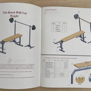 Peut inclure: Une page de manuel d'instructions intitulée Flat Bench With Leg Weight, présentant des schémas 3D d'un banc de musculation et d'un support de barre, un tableau de nomenclature et une vue détaillée de l'assemblage avec vis et supports.