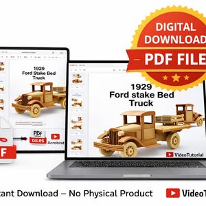 Può includere: Un file PDF digitale di un modello di camion Ford stake bed del 1929. L'immagine mostra il modello su un laptop, tablet e telefono. Un banner rosso e oro "Download digitale file PDF" è in alto.