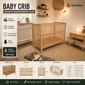 May include: A light-colored wooden baby crib with vertical slats, presented as a digital woodworking plan. The image includes perspective, front, side, and exploded views, along with a detailed cut list showing dimensions in millimeters.