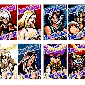 May include: Eight colorful anime-style character portraits. Each portrait features a different character with unique hairstyles, clothing, and expressions. The background colors vary, and the text "7marichan7" is overlaid on each image.