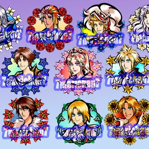 May include: Nine colorful illustrations of anime characters with floral borders. Each character is surrounded by flowers and has a unique design.