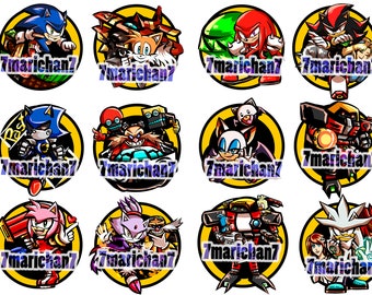 May include: A set of 10 round stickers featuring various characters from the Sonic the Hedgehog video game franchise. Each sticker has a yellow background with a black outline and features a different character in a dynamic pose. The characters include Sonic, Tails, Knuckles, Shadow, Amy, Rouge, Eggman, Metal Sonic, Blaze, and Silver.