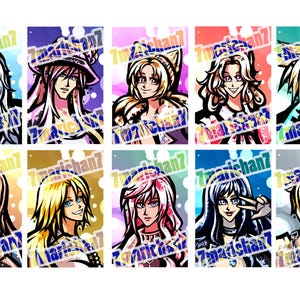 Op de afbeelding: Een verzameling van tien anime-stijl karakterportretten, elk met unieke kapsels en uitdrukkingen. De portretten staan tegen kleurrijke achtergronden, met de tekst "7marichan7" eroverheen. De karakters hebben verschillende haarkleuren.