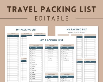 Reispaklijst, bewerkbare Canva-sjabloon, afdrukbare digitale vakantieverpakking, checklist voor vakantieverpakking, direct downloaden