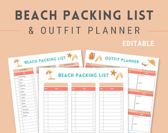 Strandpaklijst, bewerkbare Canva-sjabloon, digitale zomervakantieplanner, afdrukbare vakantiechecklist, outfitplanner