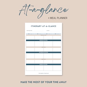 May include: A printable itinerary template with a blue and white color scheme. The template is titled "Itinerary at-a-glance" and includes sections for destination, dates, breakfast, morning activities, lunch, afternoon activities, dinner, and evening activities. The text "Make the most of your time away" is at the bottom of the page.