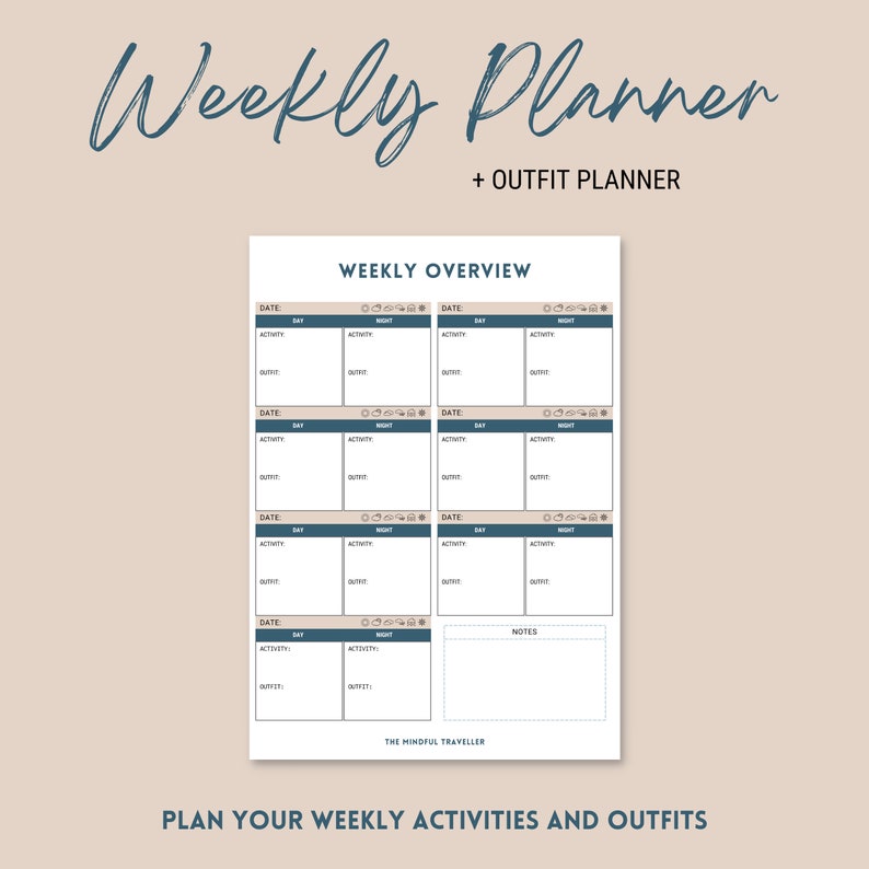 May include: A printable weekly planner with a blue and brown color scheme. The planner includes sections for daily activities, outfit planning, and notes. The text "Weekly Planner + Outfit Planner" is at the top of the page. The text "Plan your weekly activities and outfits" is at the bottom of the page.