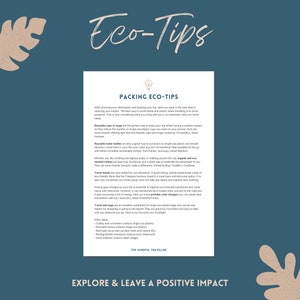 Op de afbeelding: Een groen en bruin bladerenontwerp met de tekst "Eco-Tips" in wit. De tekst "Packing Eco-Tips" is in zwart. De tekst "Explore & Leave a Positive Impact" is in zwart. De tekst staat op een witte achtergrond.