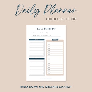 May include: A printable daily planner with a blue and white design. The planner includes a daily overview section with space for to-do lists, weather, and a schedule by the hour. The text "Daily Planner + Schedule by the Hour" is at the top of the page.