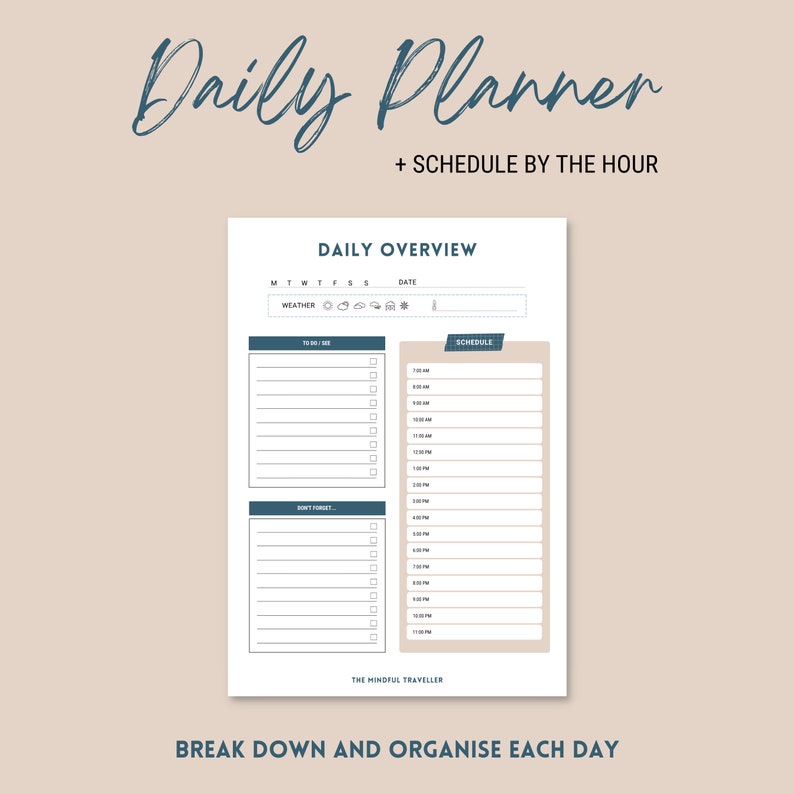 May include: A printable daily planner with a blue and white design. The planner includes a daily overview section with space for to-do lists, weather, and a schedule by the hour. The text "Daily Planner + Schedule by the Hour" is at the top of the page.